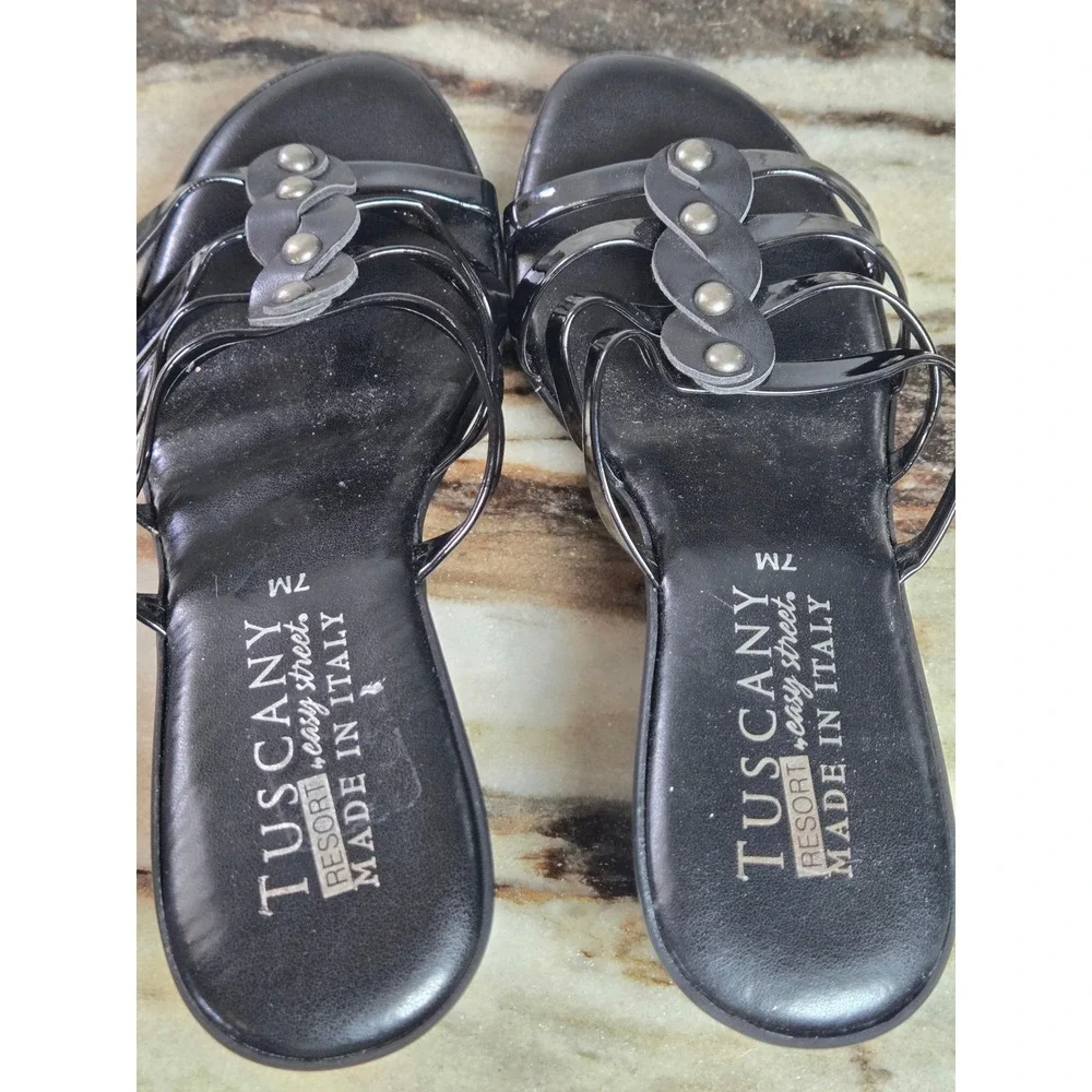 Tuscany by Easy Street Black Patent Wedge Sandals Made in‎ Italy Studded 7M